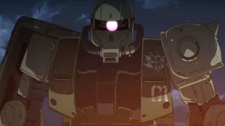 The gundam standing prepared to attack