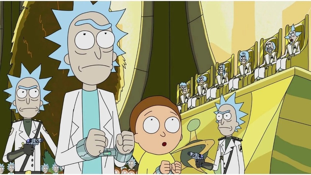 Rick and Morty in front of the Council of Ricks