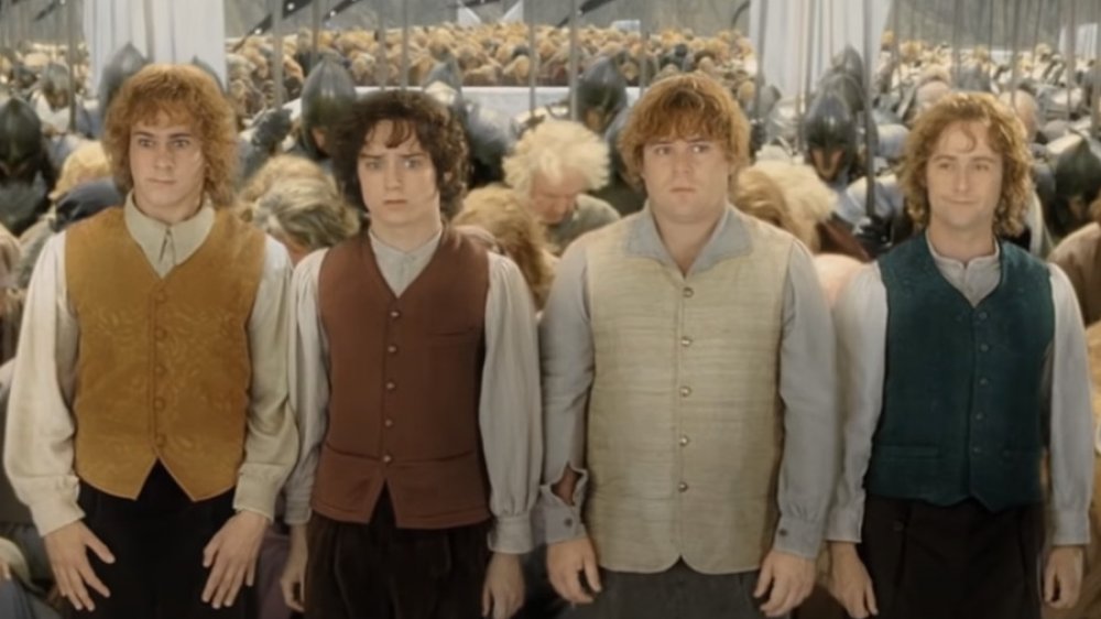 Billy Boyd, Sean Astin, Elijah Wood, and Dominic Monaghan in Lord of the Rings: Return of the King, hobbits