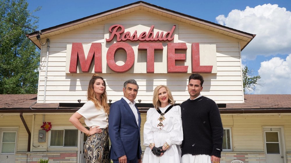 Annie Murphy, Eugene Levy, Catherine O'Hara, and David Levy as the Rose family on Schitt's Creek