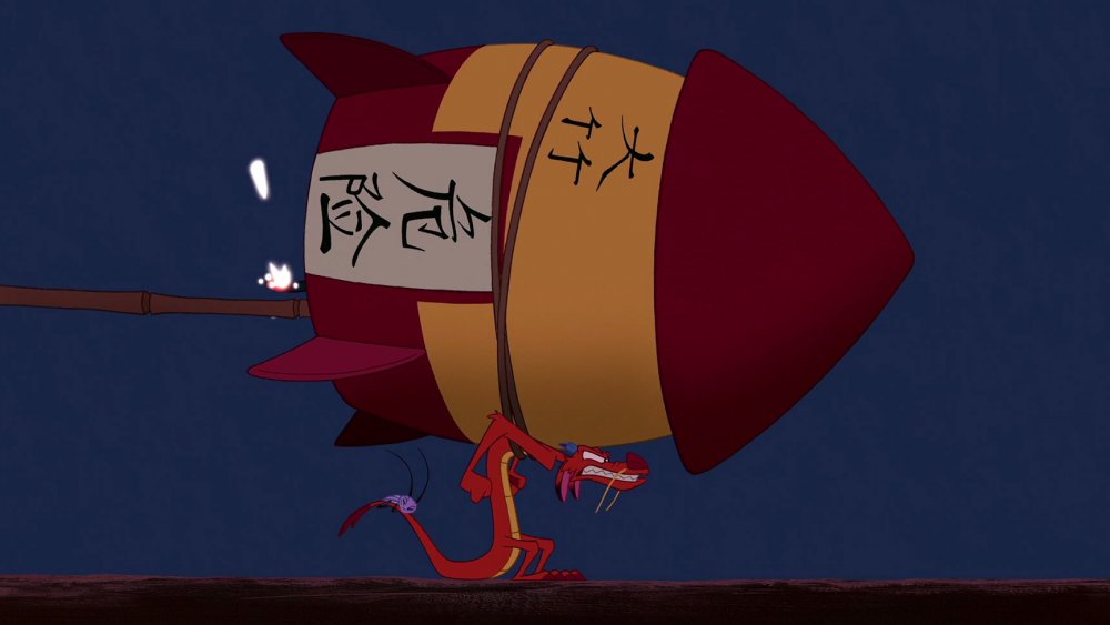 Mushu (voiced by Eddie Murphy) strapped to a rocket in Mulan (Do not attempt)