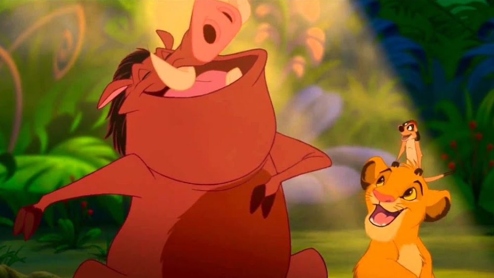 Pumbaa (voiced by Ernie Sabella), Timon (voiced by Nathan Lane) and Simba (voiced by Jonathan Taylor Thomas) in The Lion King