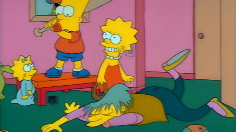 Bart, Maggie, and Lisa knocking babysitter out