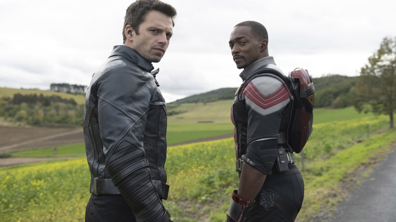 Sebastian Stan and Anthony Mackie looking backward