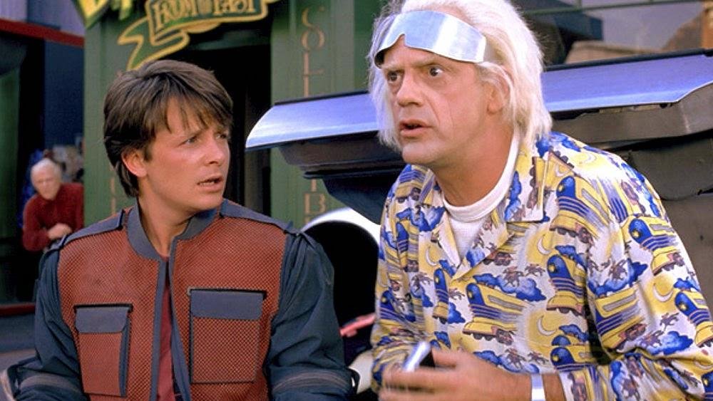 Michael J. Fox as Marty McFly and Christopher Lloyd as Emmett "Doc" Brown in Back to the Future II