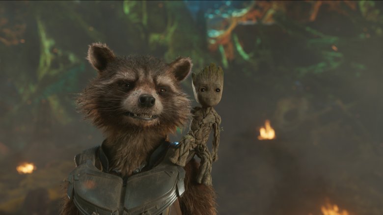 Rocket and Groot on his shoulder