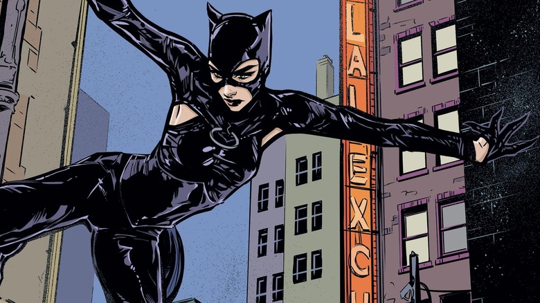 Catwoman gliding through Gotham