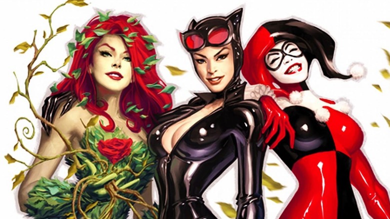 Poison Ivy, Catwoman and Harley Quinn laughing