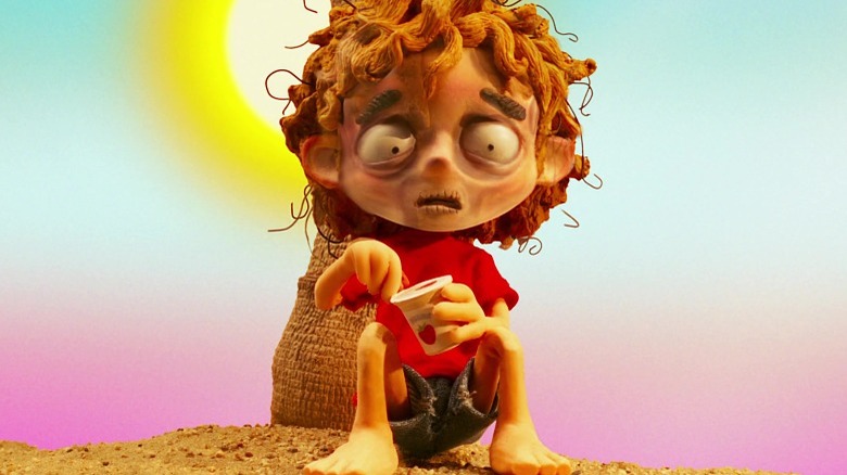 Claymation kid with a skeletal face