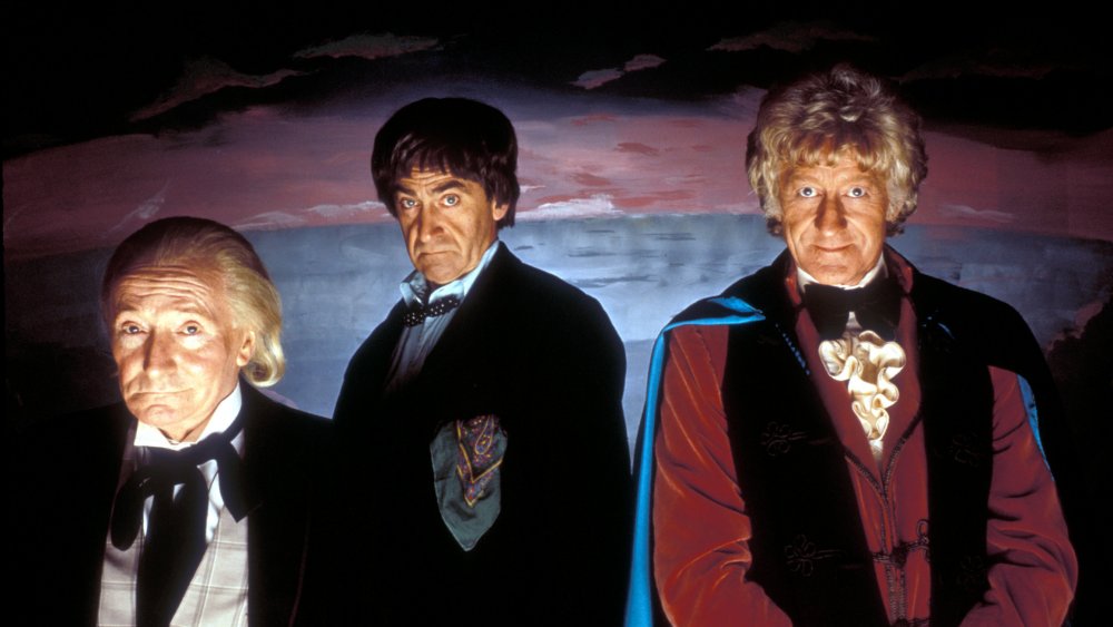 William Hartnell, John Pertwee, and Patrick Troughton in a promotional photo for Doctor Who