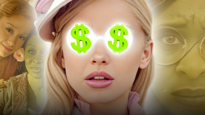 Galinda with dollar signs as eyes with scenes of Wicked in the background