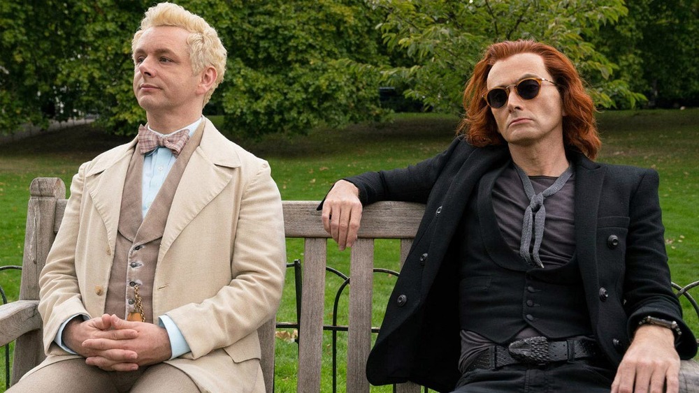 Aziraphale and Crowley on bench