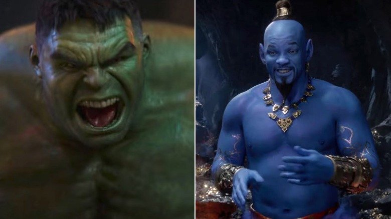 Split image of Hulk in Avengers: Infinity War and Will Smith as the Genie in Aladdin