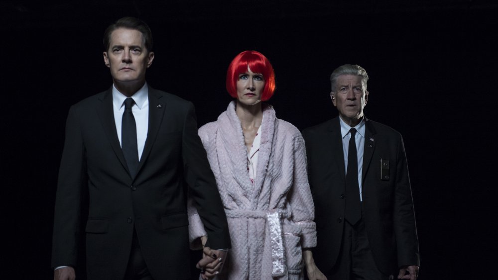 Kyle McLaughlan, Laura Dern, and David Lynch as Agent Dale Cooper, Diane, and Agent Gordon Cole in Twin Peaks: The Return