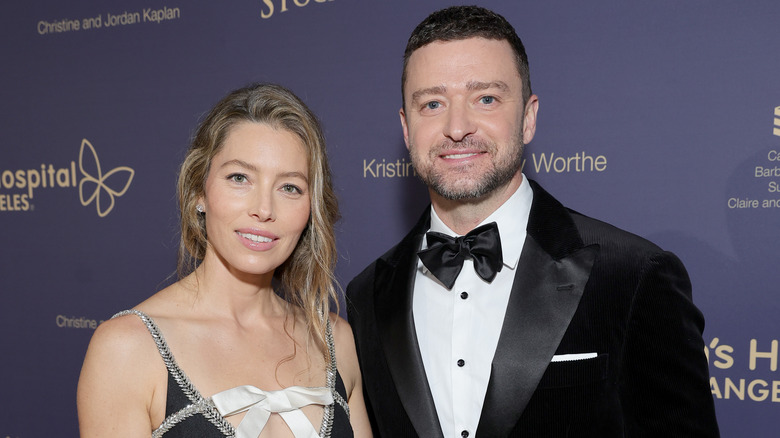 Justin Timberlake and Jessica Biel stand together