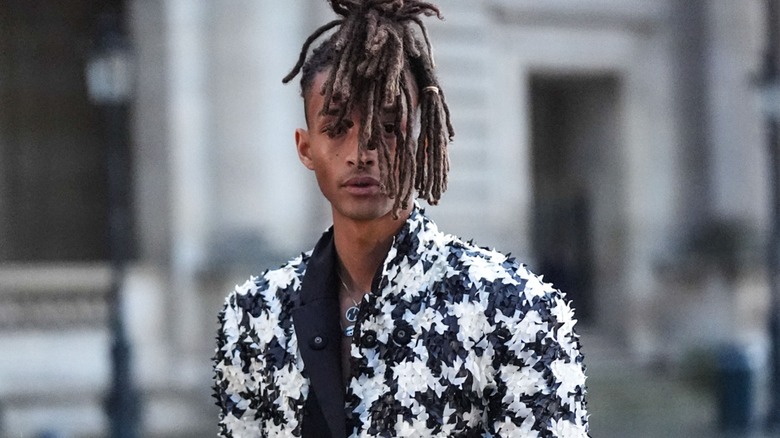 Jaden Smith wears black and white jacket at Paris Fashion Week 2024