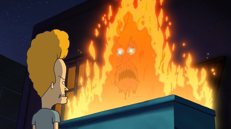 Beavis talks to literal dumpster fire