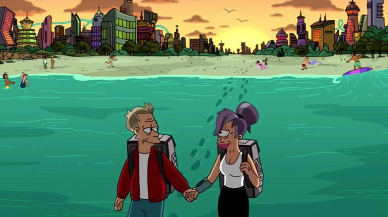 Fry and Leela walking into the sunset