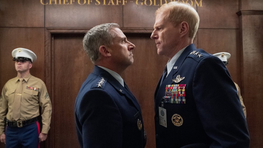 Steve Carell as General Mark R. Naird and Noah Emmerich as General Kick Grabaston on Space Force