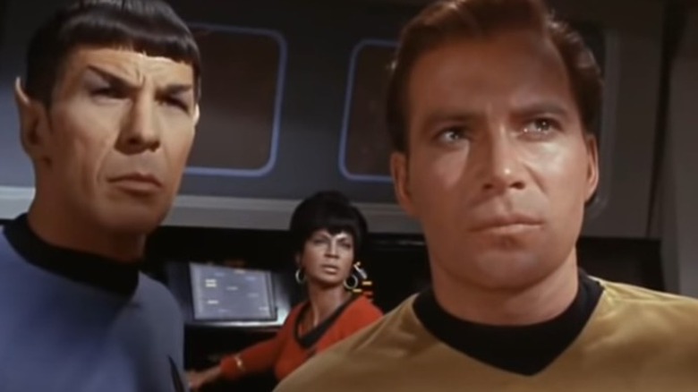 Mr. Spock, Nyota Uhura and James T. Kirk on bridge of the Enterprise