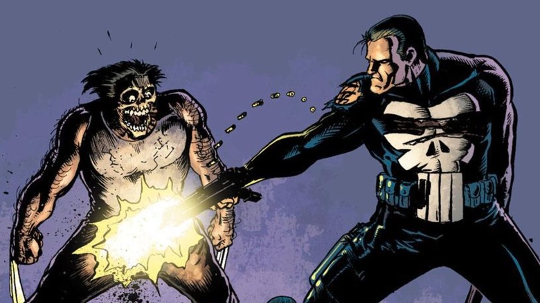 Punisher shooting Wolverine in crotch