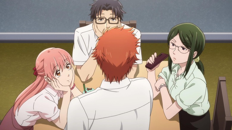 Wotakoi gang listening at table