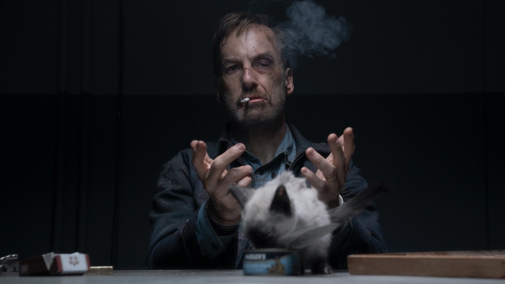 Bob Odenkirk as Hutch Mansell with a kitten in Nobody