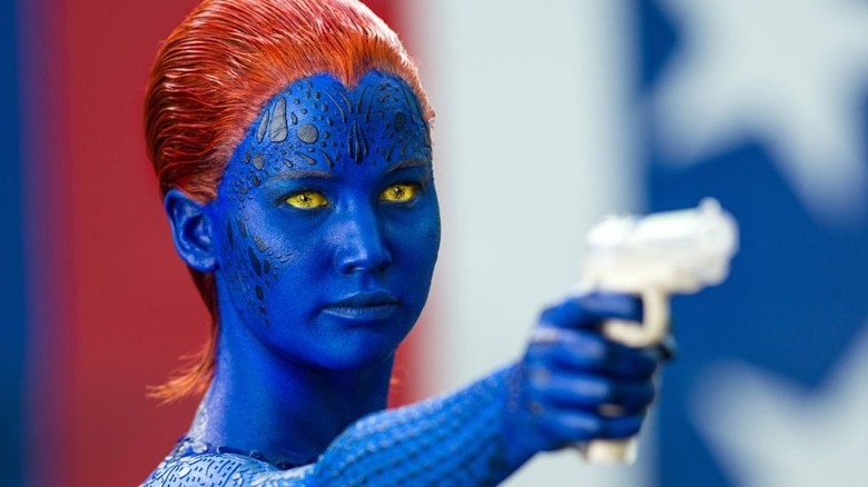 Jennifer Lawrence as Mystique aims a gun in X-Men: Days of Future Past