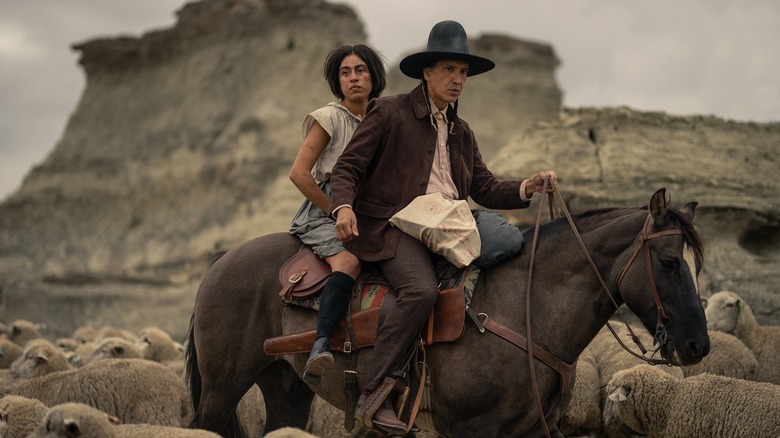 Aminah Nieves and Michael Greyeyes on horse