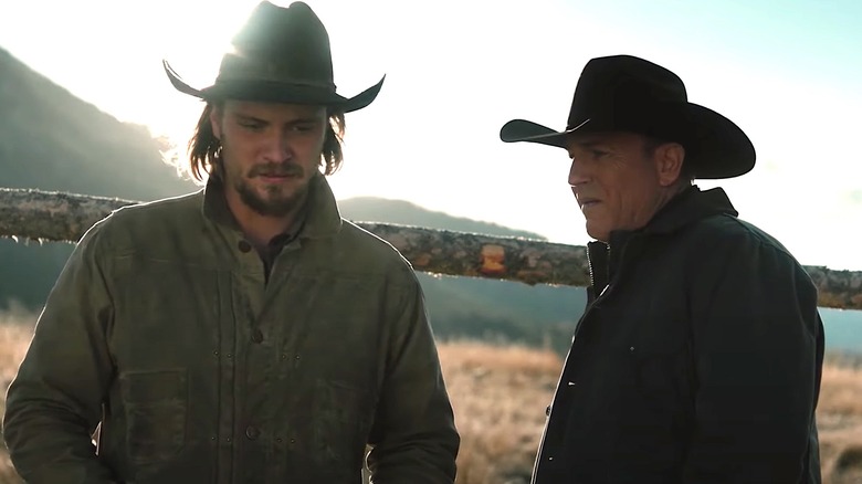 Grimes and Costner speaking in character on "Yellowstone"