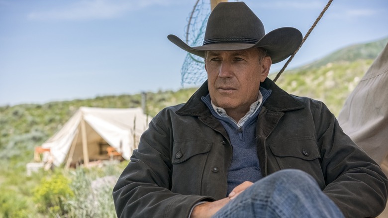 Kevin Costner as John Dutton in Yellowstone looking pensive 