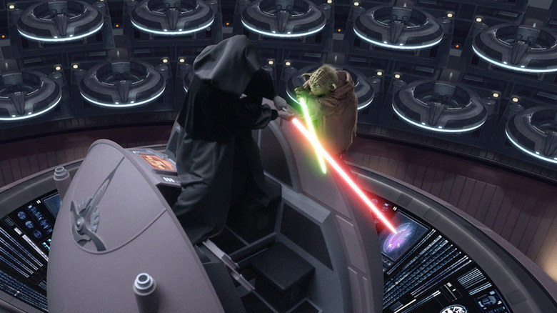 Yoda and Palpatine fight in the Senate room