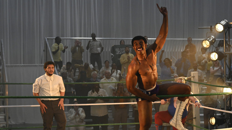 Joseph Lee Anderson as Rocky Johnson in wrestling ring in Young Rock