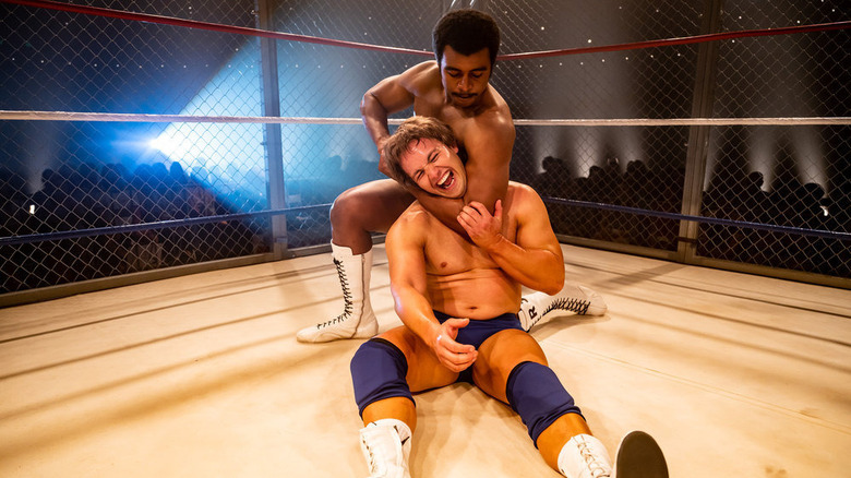 Joseph Lee Anderson as Rocky Johnson in wrestling ring in Young Rock