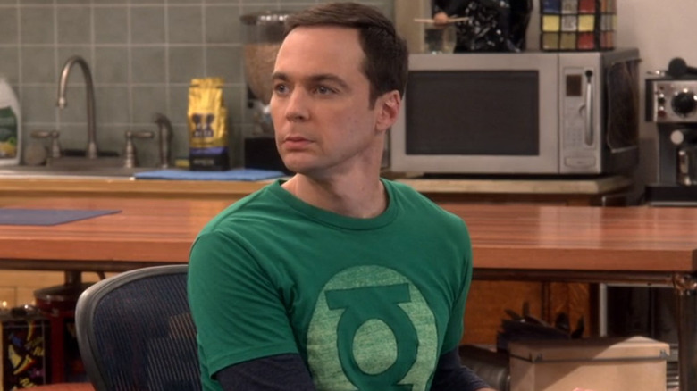 Sheldon Cooper looking serious turned to the left