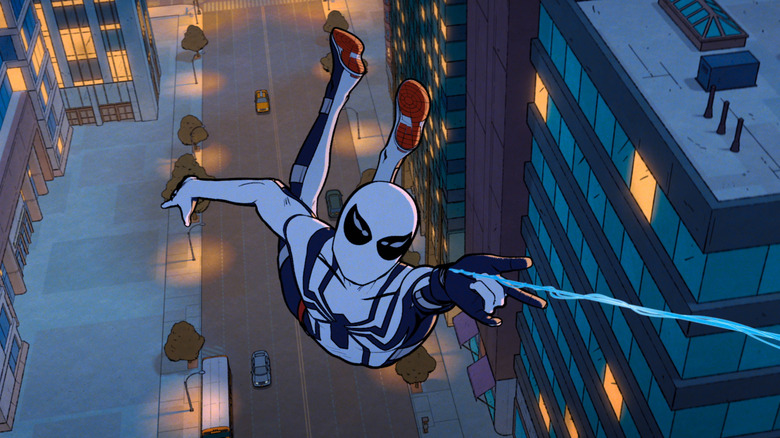 Spider-Man swinging on web in white spider-suit (2025)