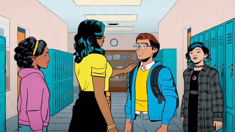 Pearl, Peter, and Nico standing in school hallway (2025)