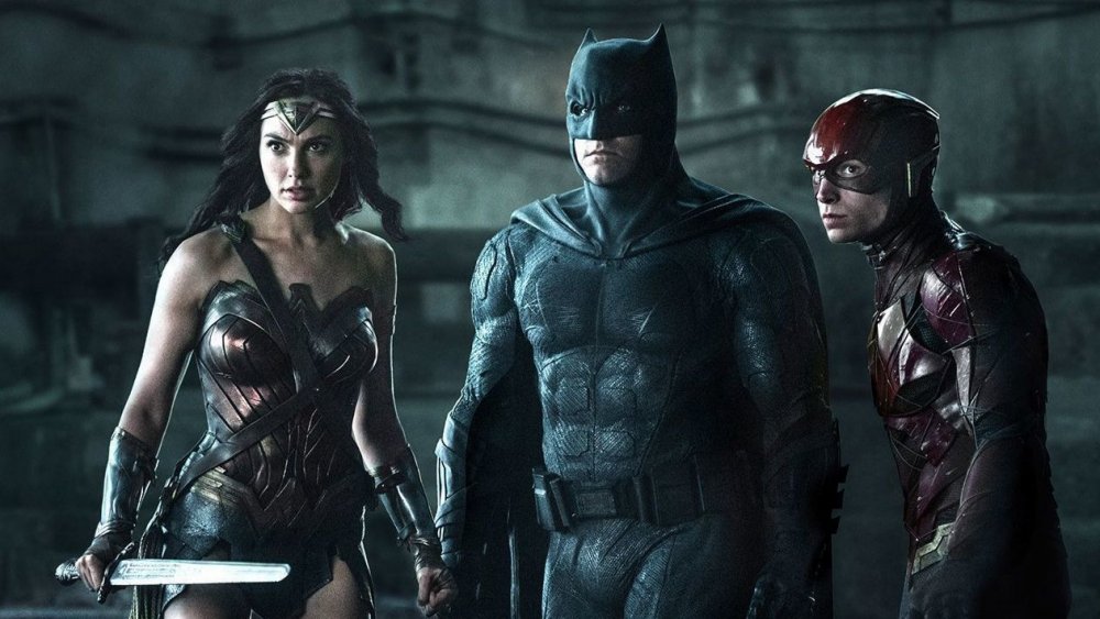 Gal Gadot, Ben Affleck, and Ezra Miller as Wonder Woman, Cyborg, Batman, and the Flash from Justice League