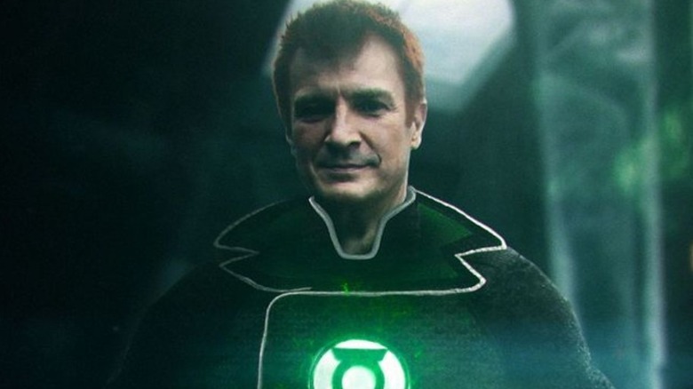 Nathan Fillion wearing Lantern costume