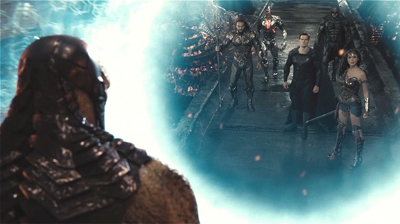 Darkseid looks through a portal at the Justice League 
