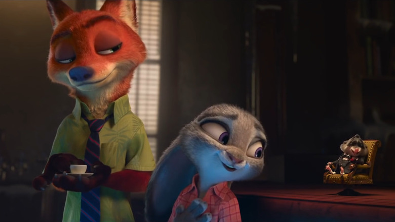 Judy and Nick talk with Mr. Big in Zootopia