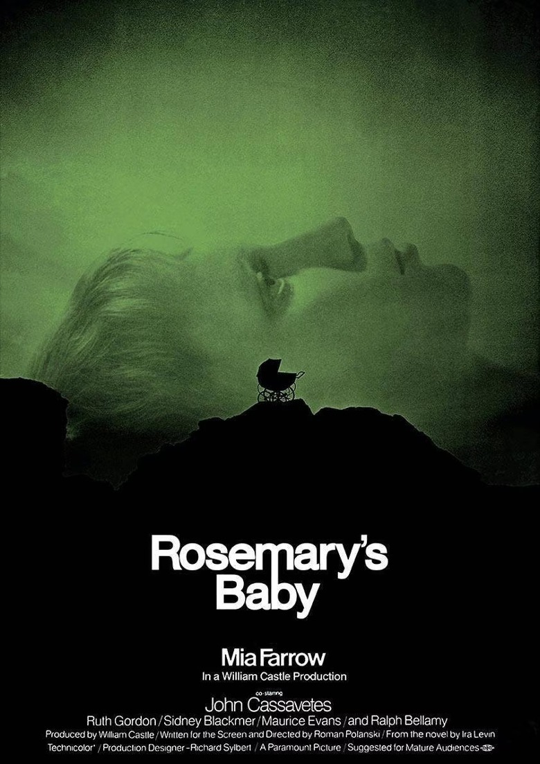 Rosemary's face and the silhouette of a baby carriage